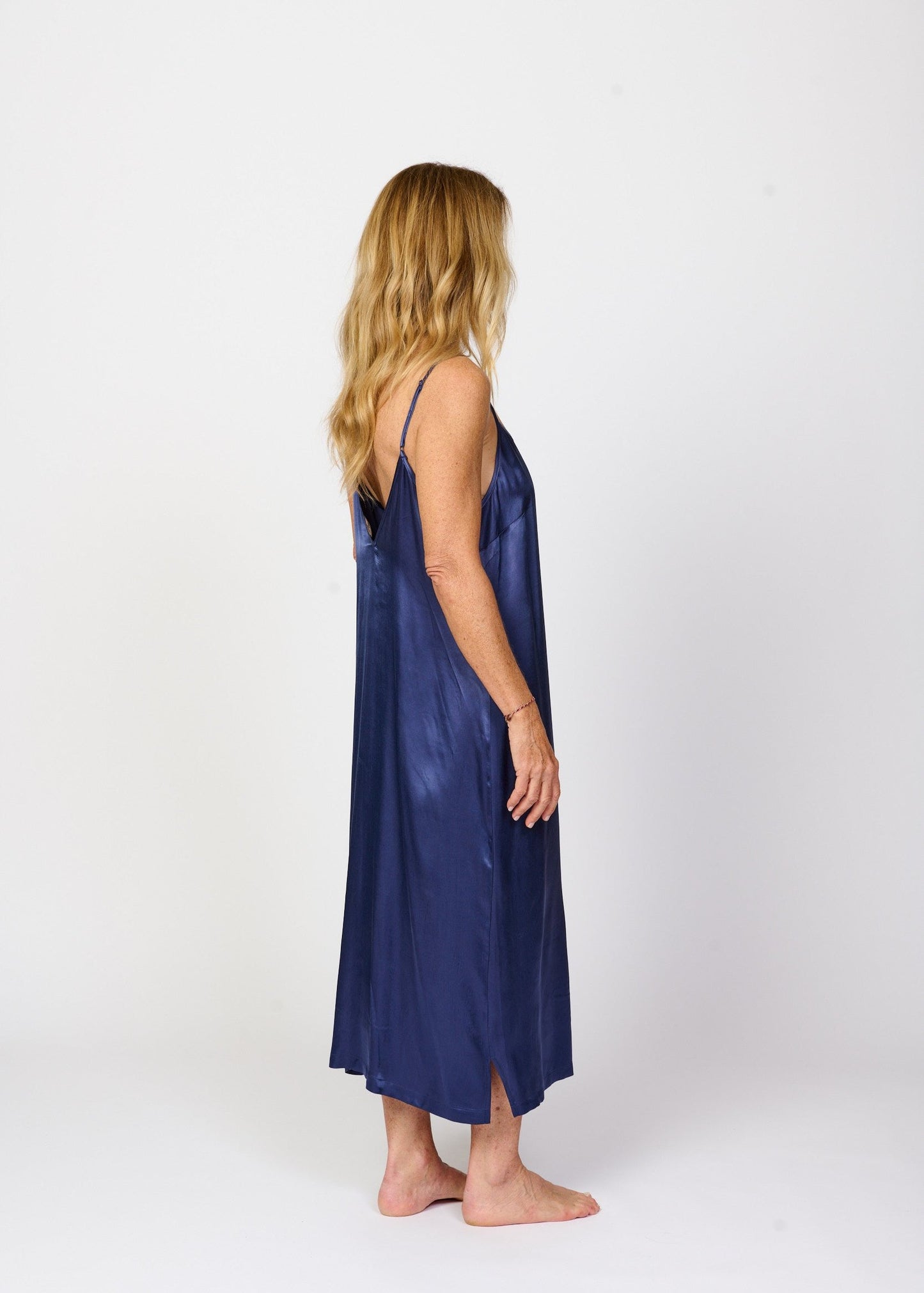 Cool cobalt blue silky feel mid calf length chemise nightie back side view
