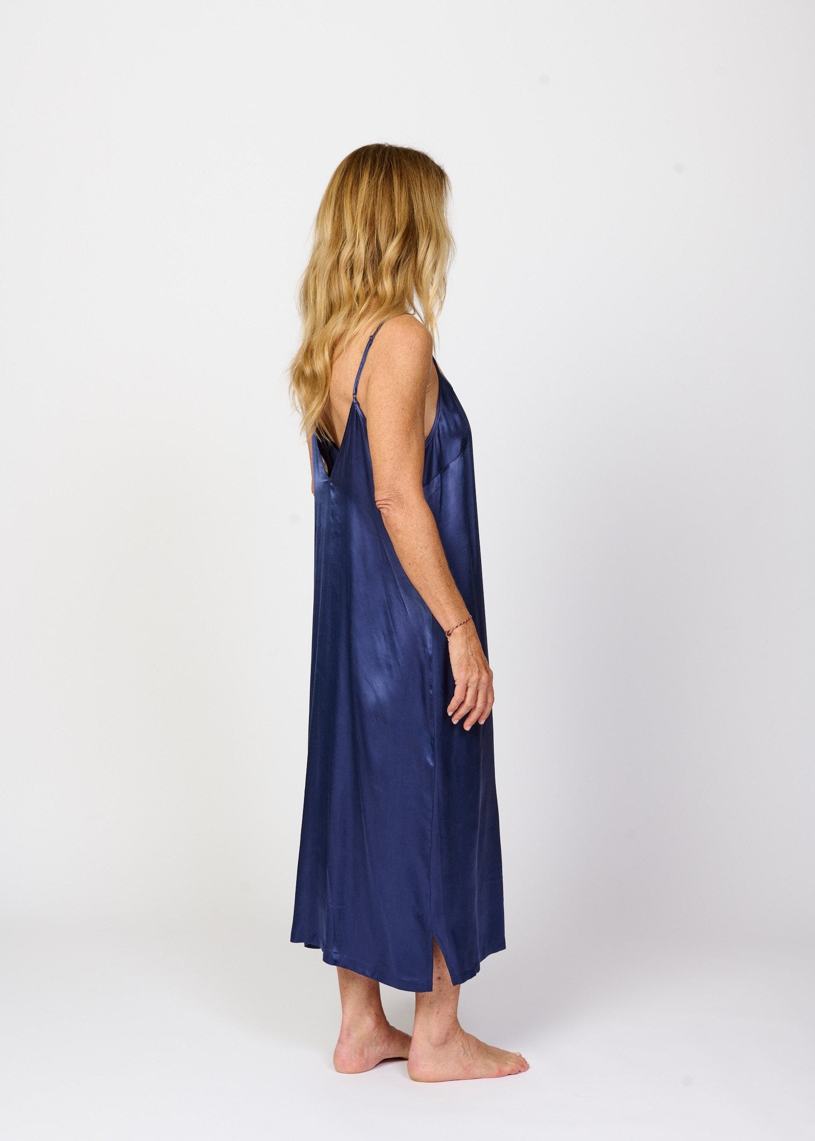 Cool cobalt blue silky feel mid calf length chemise nightie back side view