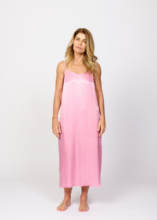 Plain soft petal pink silky feel chemise nightie front view