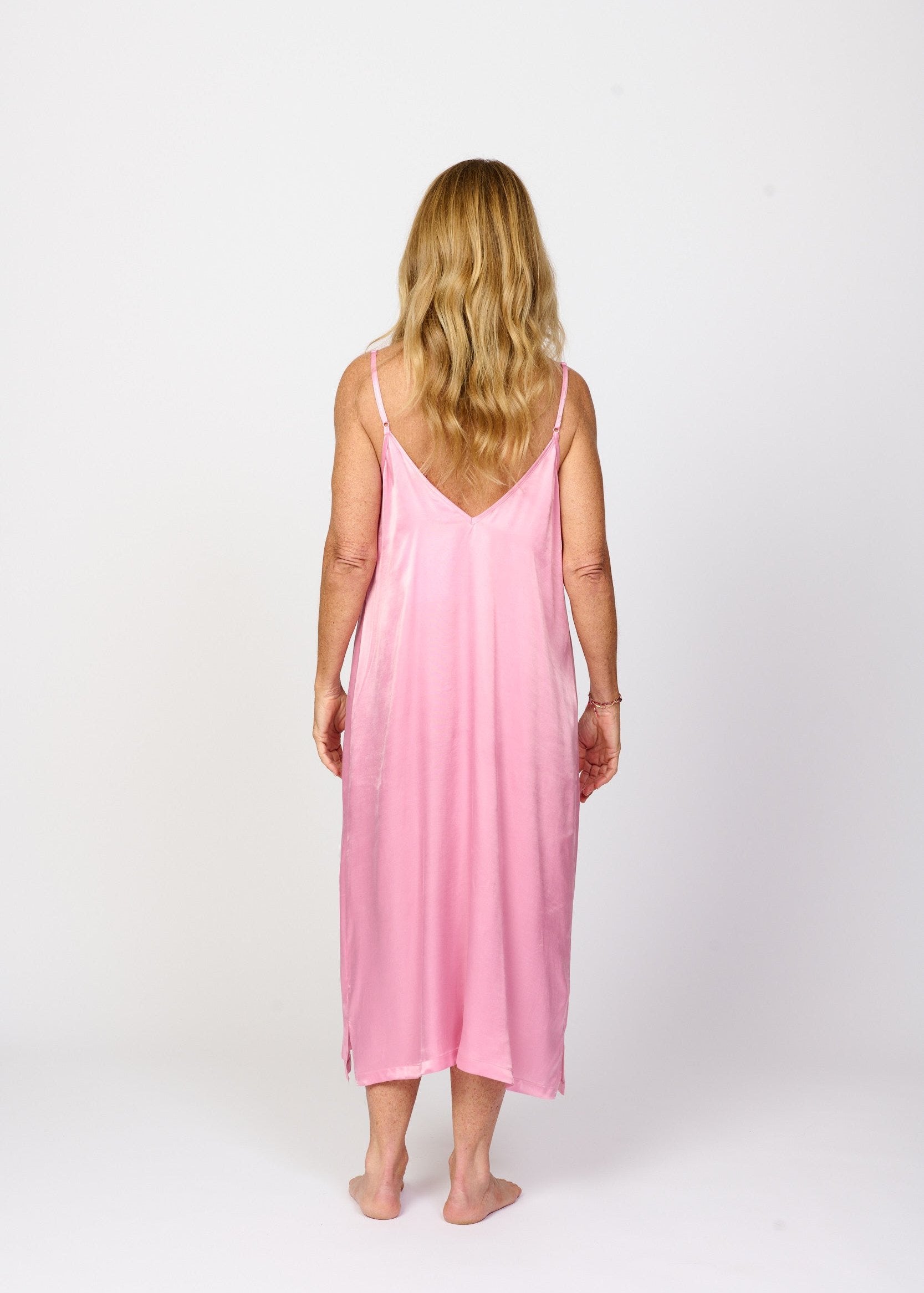 Plain soft petal pink silky feel chemise nightie back view