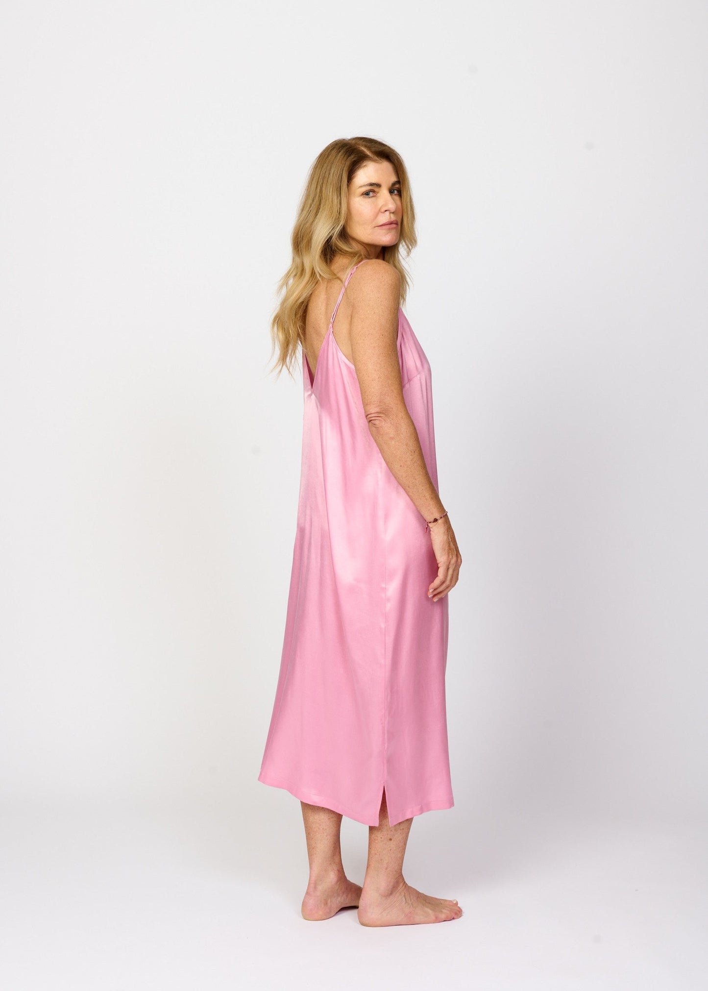 Plain soft petal pink silky feel chemise nightie back side view