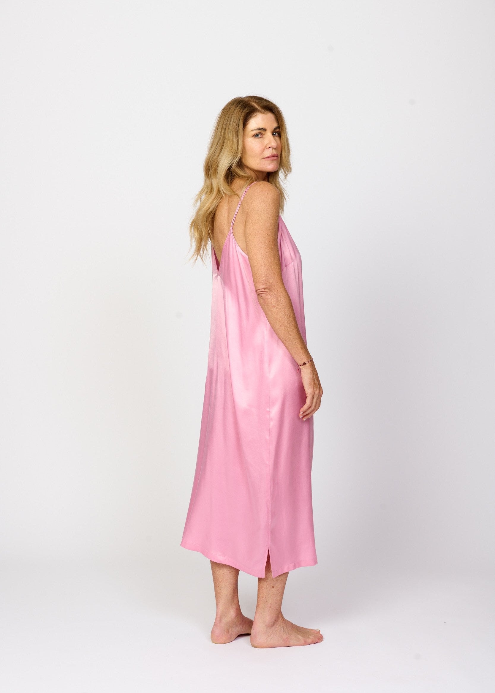 Plain soft petal pink silky feel chemise nightie back side view