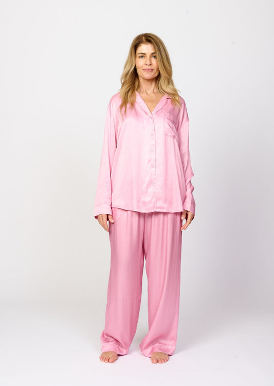 Plain soft petal pink silky feel pyjamas front view