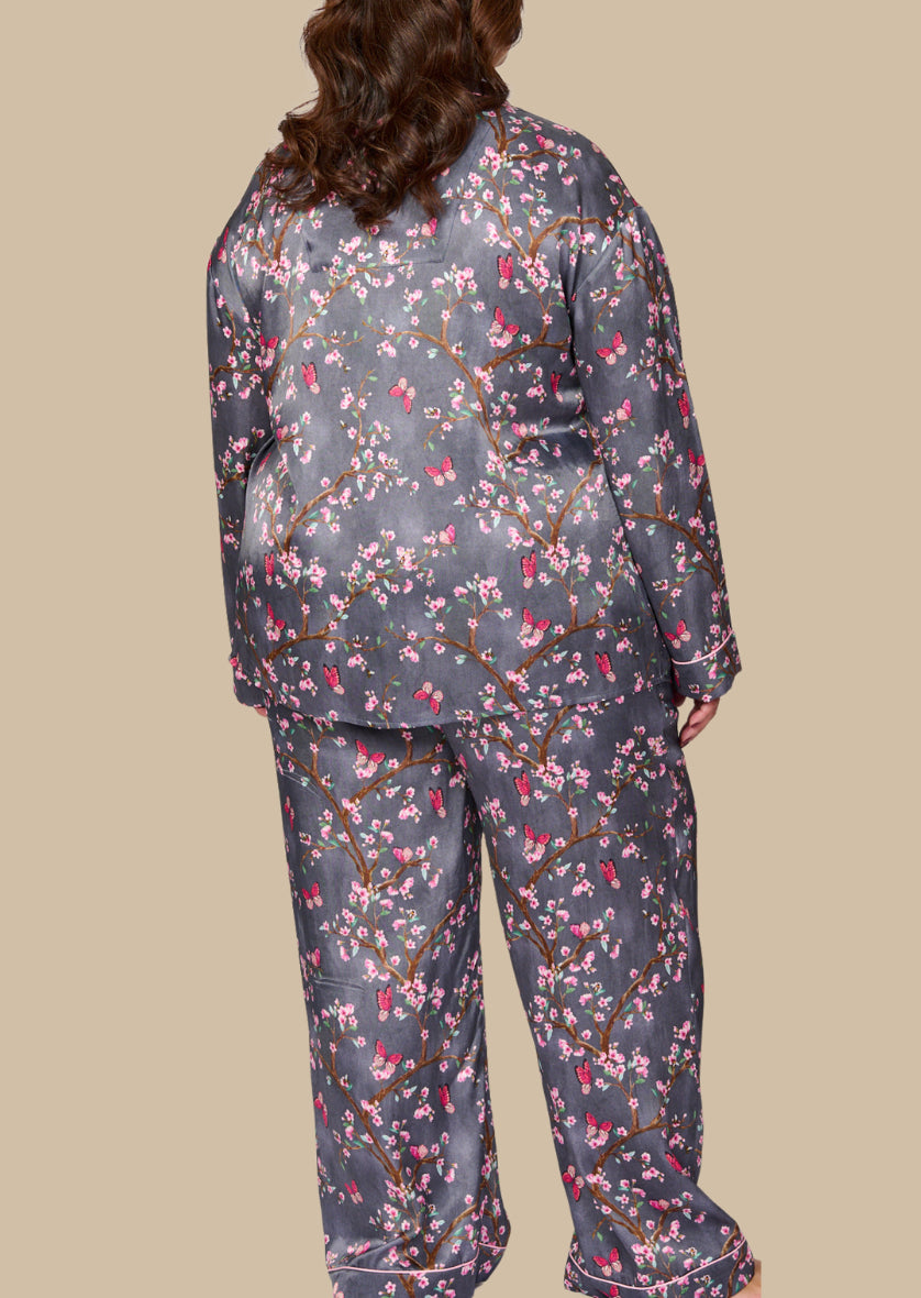 Pretty cherry blossom floral print silky feel pyjama set - back side view shown with matching pyjama pants