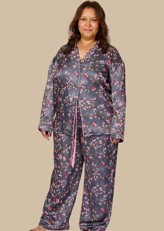 Pretty cherry blossom floral print silky feel pyjama set - front view shown with matching pyjama pants