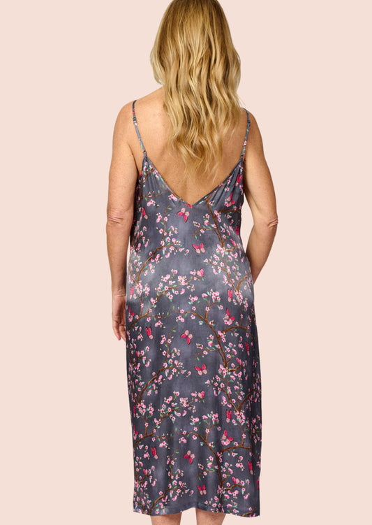Pretty cherry blossom floral print silky feel chemise nightie - back view