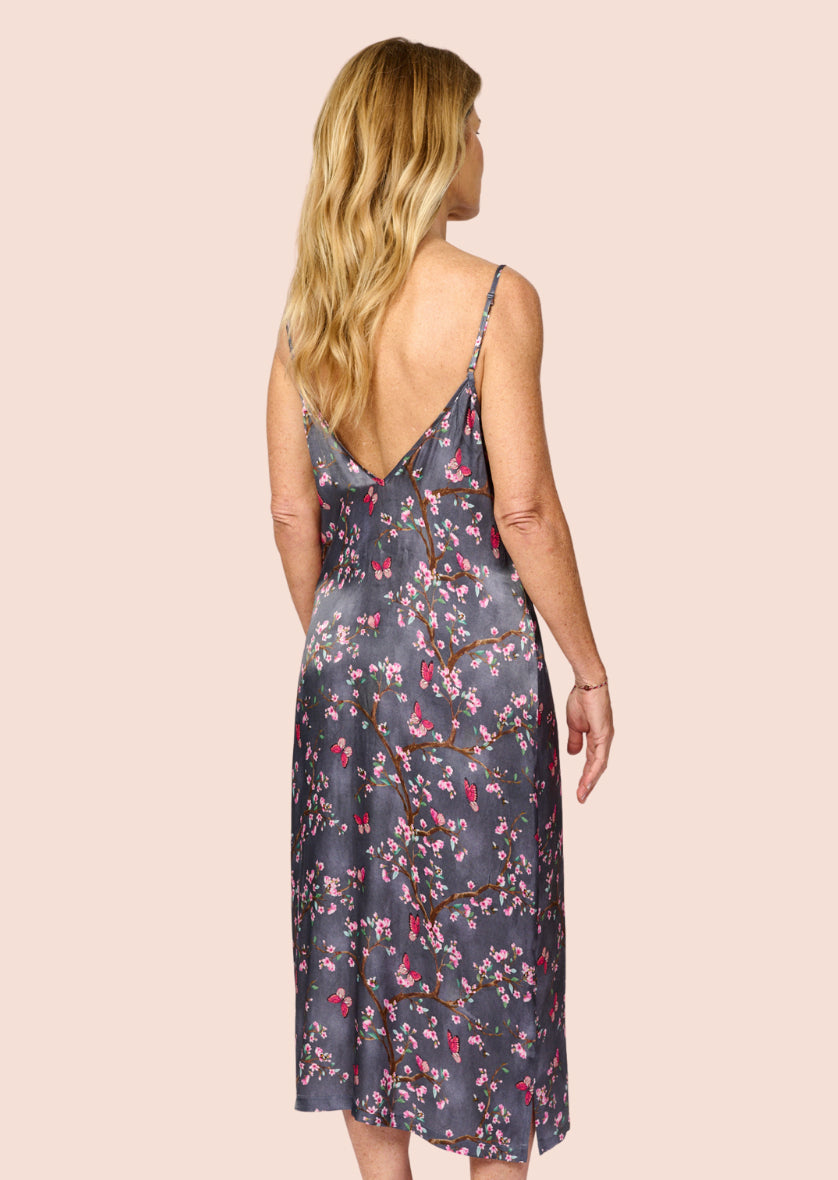 Pretty cherry blossom floral print silky feel chemise nightie - back side view