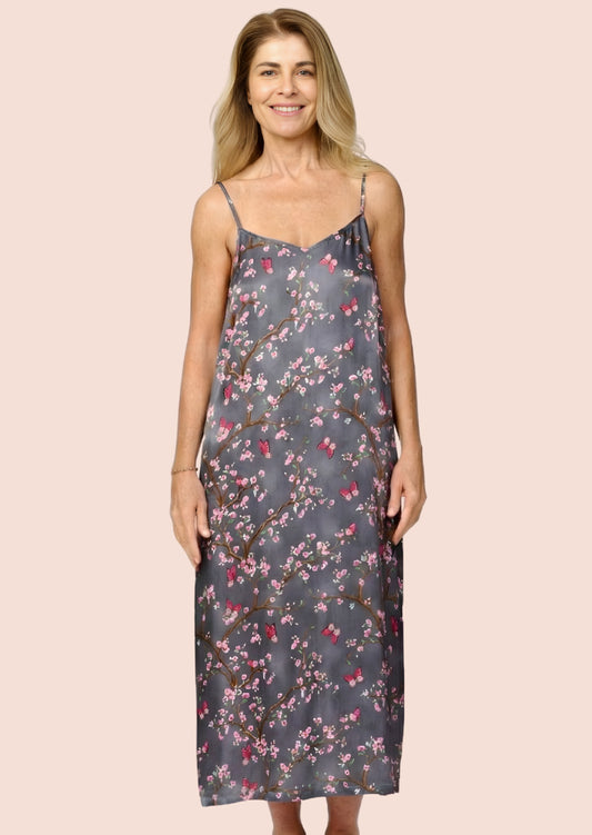 Pretty cherry blossom floral print silky feel chemise nightie - front view