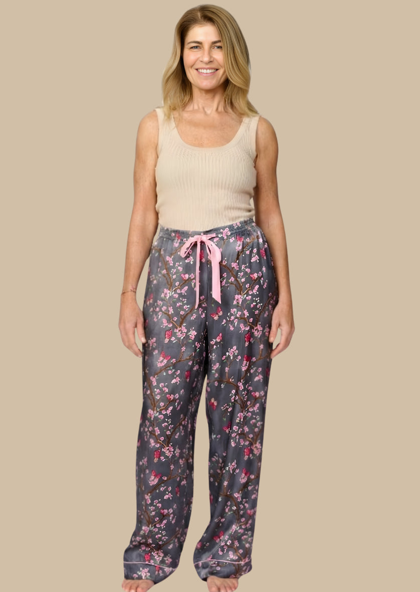 Pretty cherry blossom floral print silky feel pyjama pants - front view
