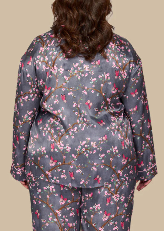 Pretty cherry blossom floral print silky feel pyjama shirt - back view - larger size