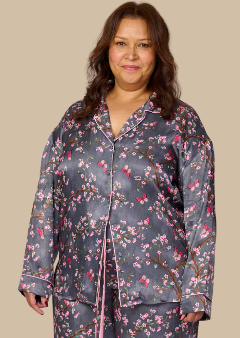 Pretty cherry blossom floral print silky feel pyjama shirt - front view - larger size