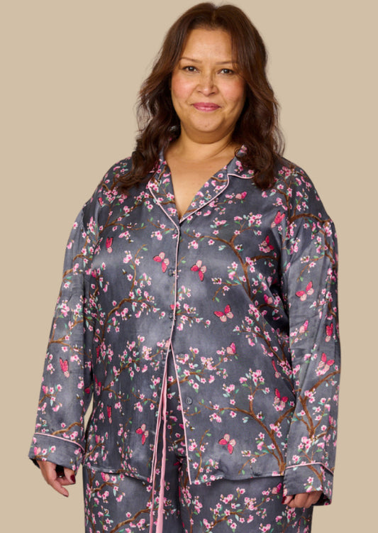 Pretty cherry blossom floral print silky feel pyjama shirt - front view - larger size