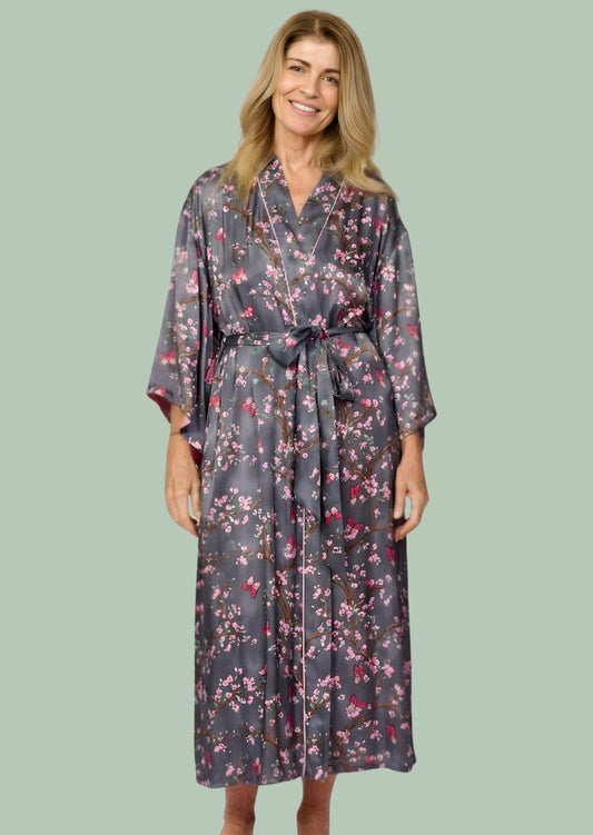 Pretty cherry blossom floral print silky feel kimono robe - front view 