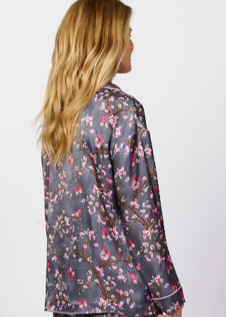 Pretty cherry blossom floral print silky feel pyjama shirt - back view