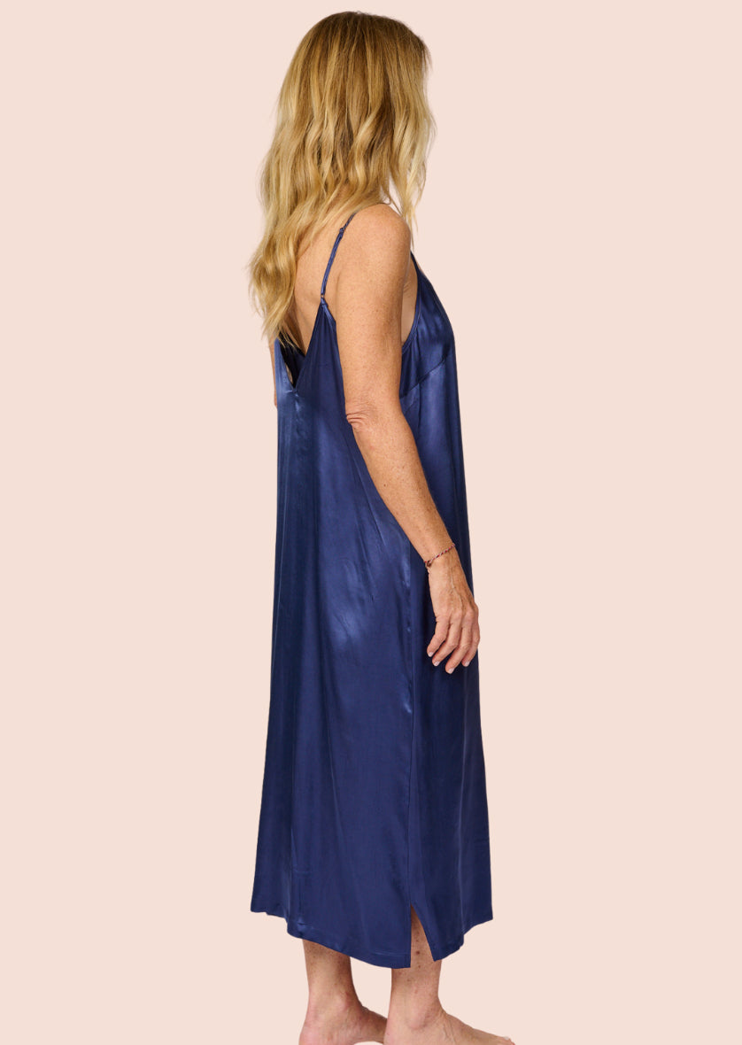 Cool cobalt blue silky feel mid calf length chemise nightie back side view