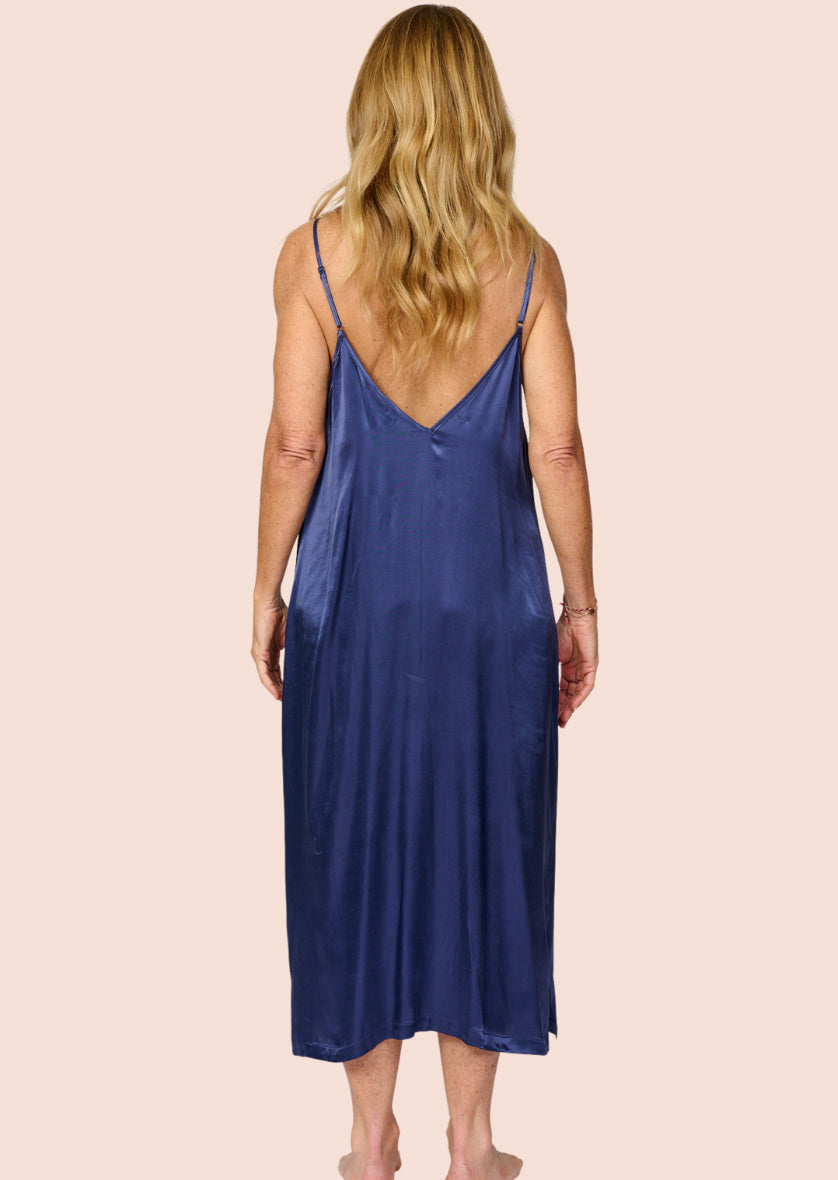 Cool cobalt blue silky feel mid calf length chemise nightie back view
