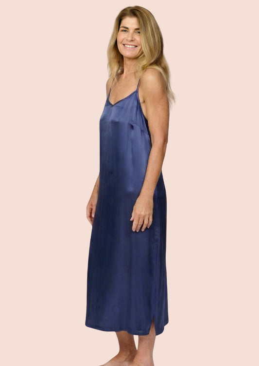 Cool cobalt blue silky feel mid calf length chemise nightie front side view