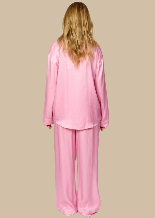 Plain soft petal pink silky feel pyjama set back view