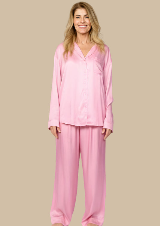 Plain soft petal pink silky feel pyjama set front view