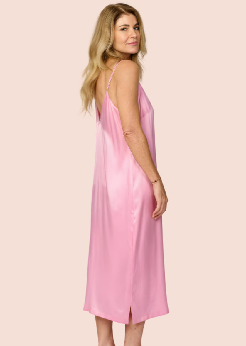 Plain soft petal pink silky feel chemise nightie back side view