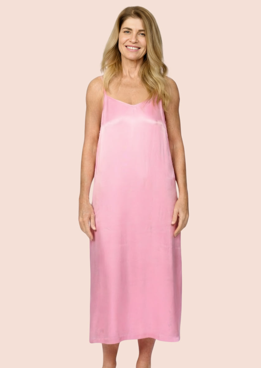 Plain soft petal pink silky feel chemise nightie front view