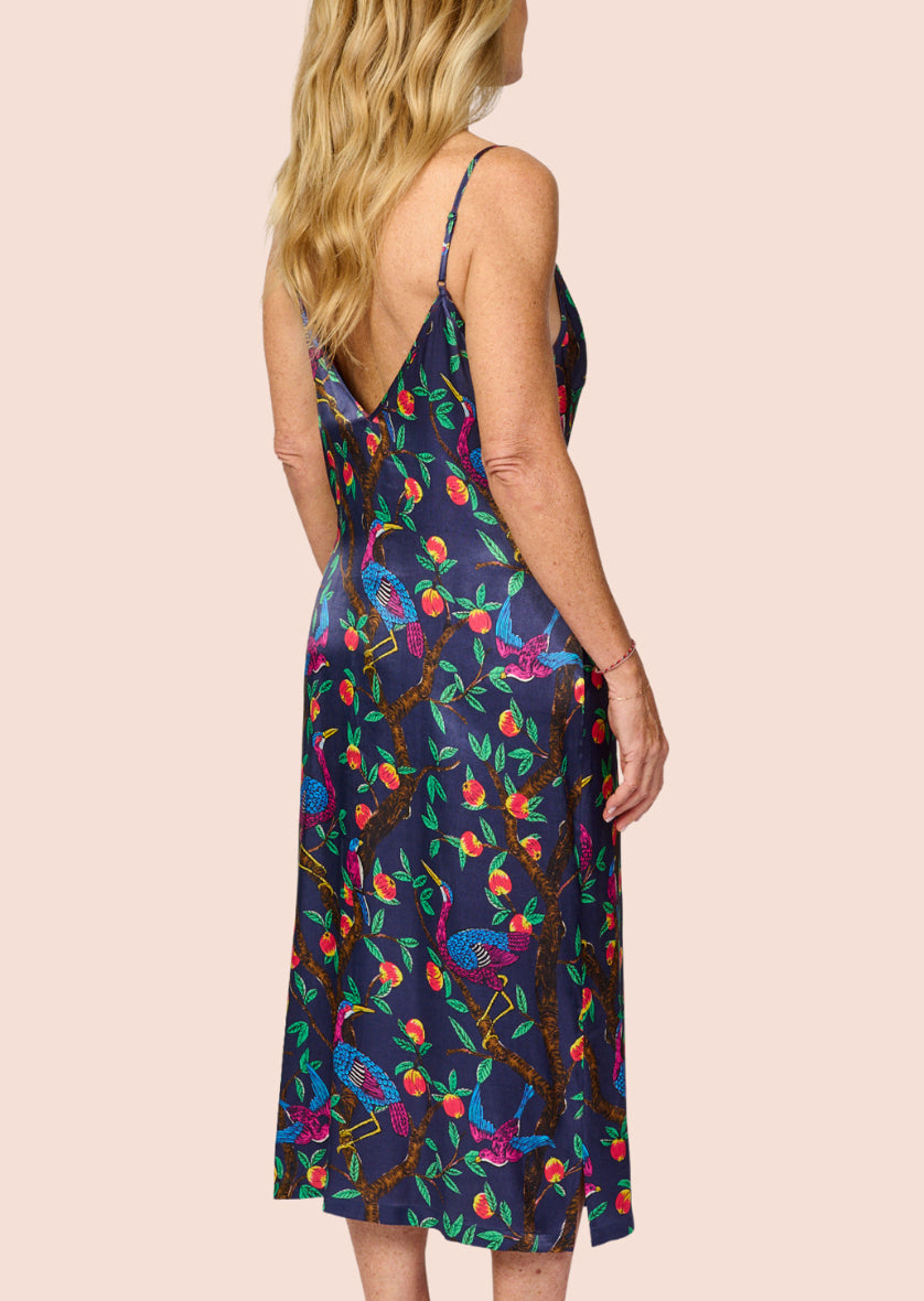 Brightly colour tropical bird and foliage print - silky feel chemise nightie - side back view 