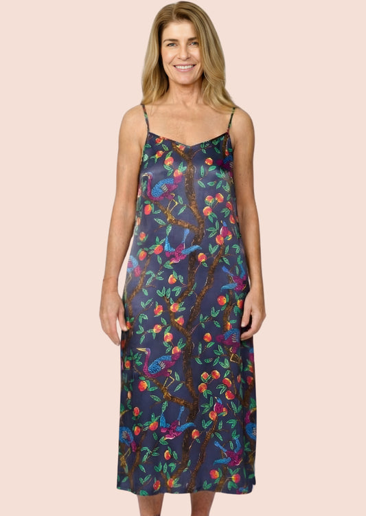Brightly colour tropical bird and foliage print - silky feel chemise nightie - front view 