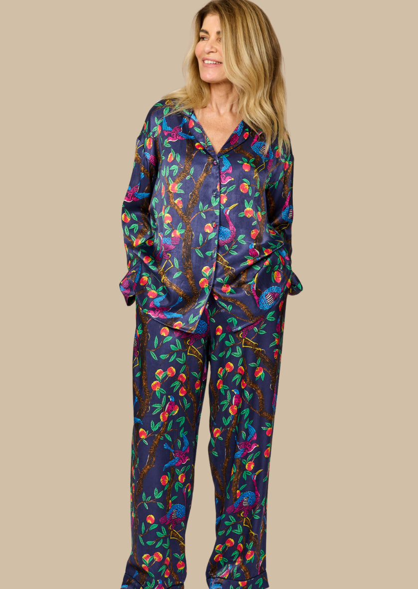 Brightly colour tropical bird and foliage print - silky feel pyjama set - full length front view with matching pants
