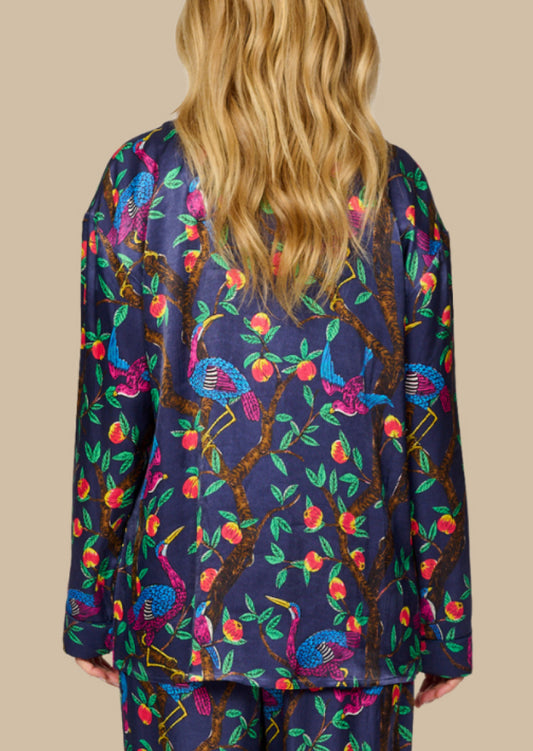 Brightly colour tropical bird and foliage print - silky feel pyjama top - back view