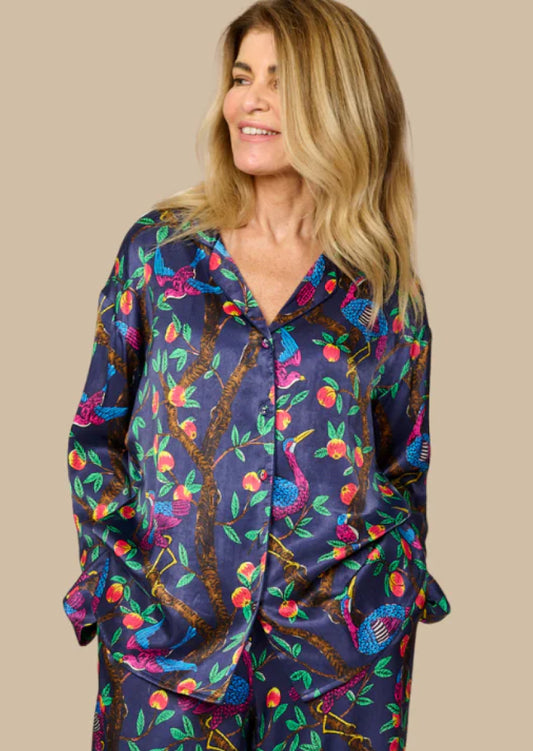 Brightly colour tropical bird and foliage print - silky feel pyjama top - front view