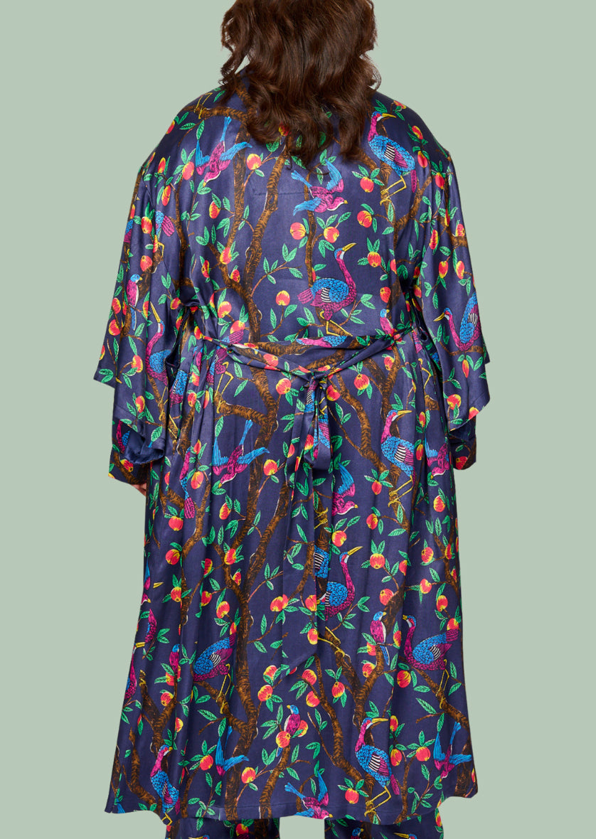 Brightly colour tropical bird and foliage print - silky feel kimono robe - back view - shown with matching pyjama pants