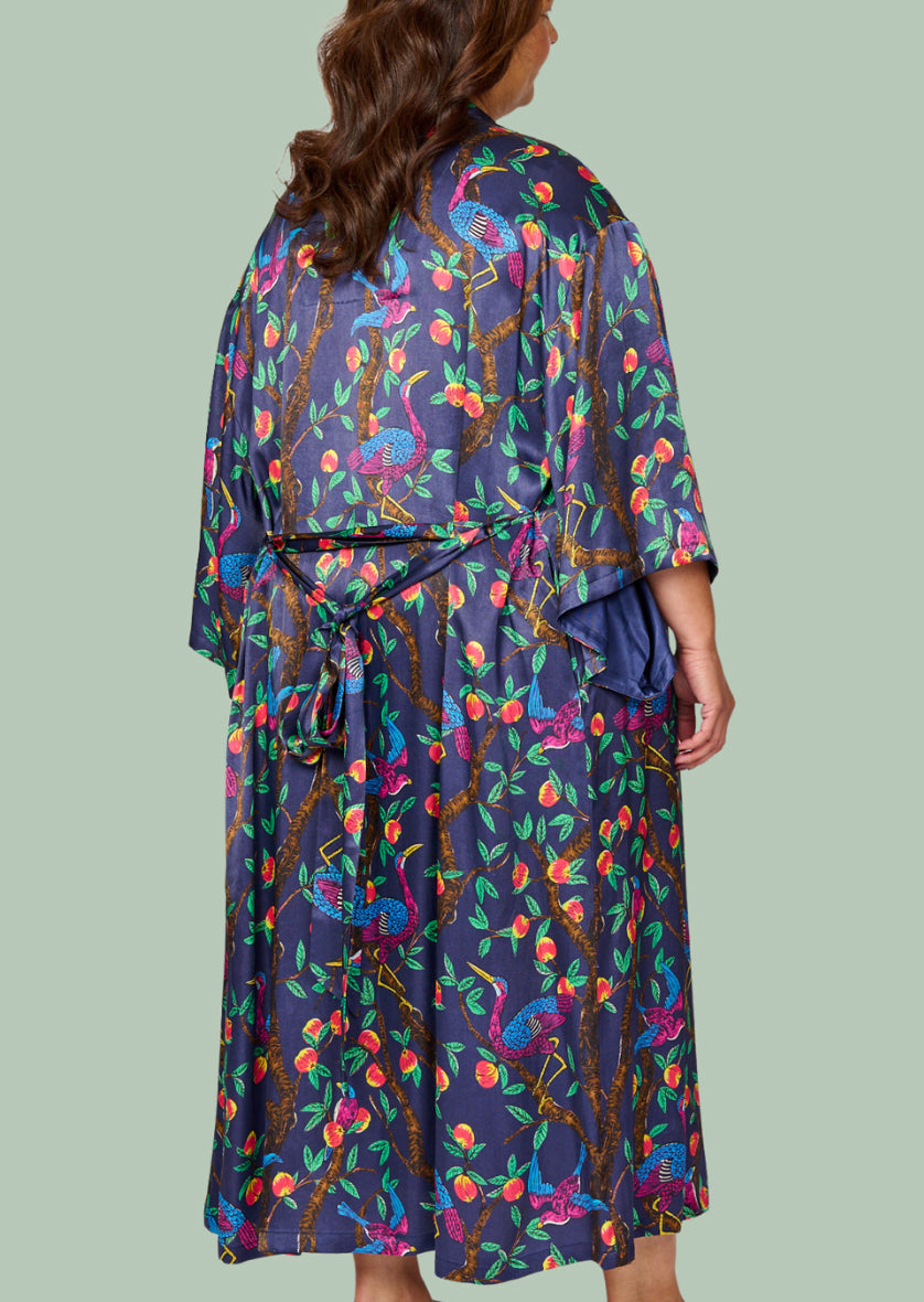 Brightly colour tropical bird and foliage print - silky feel kimono robe - back side view 