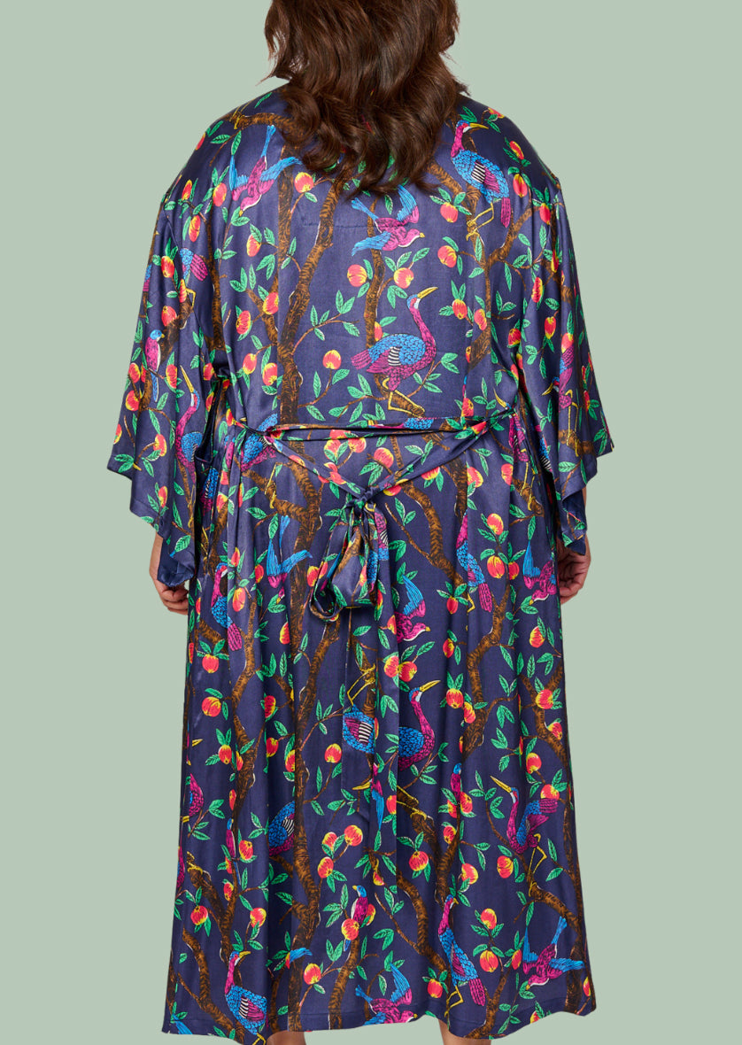 Brightly colour tropical bird and foliage print - silky feel kimono robe - back view 
