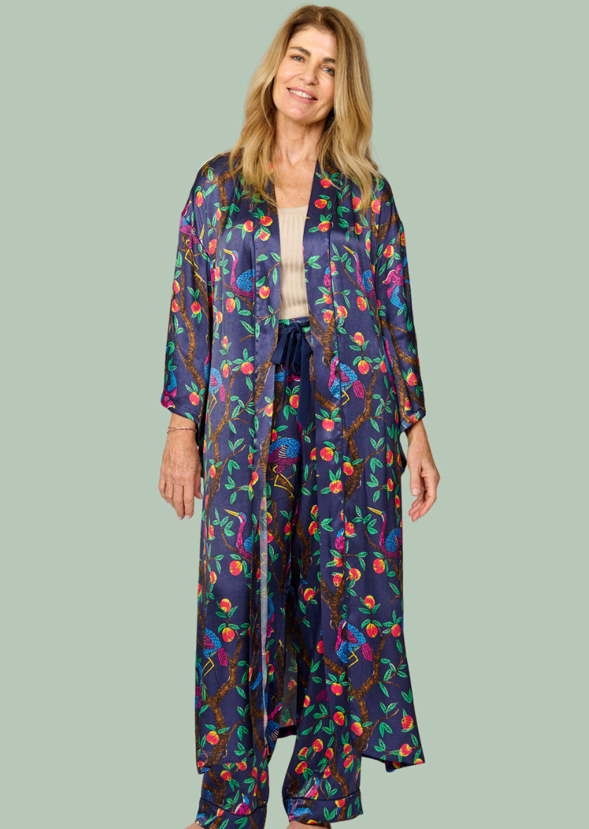 Brightly colour tropical bird and foliage print - silky feel kimono robe - front view - shown with matching pyjama pants