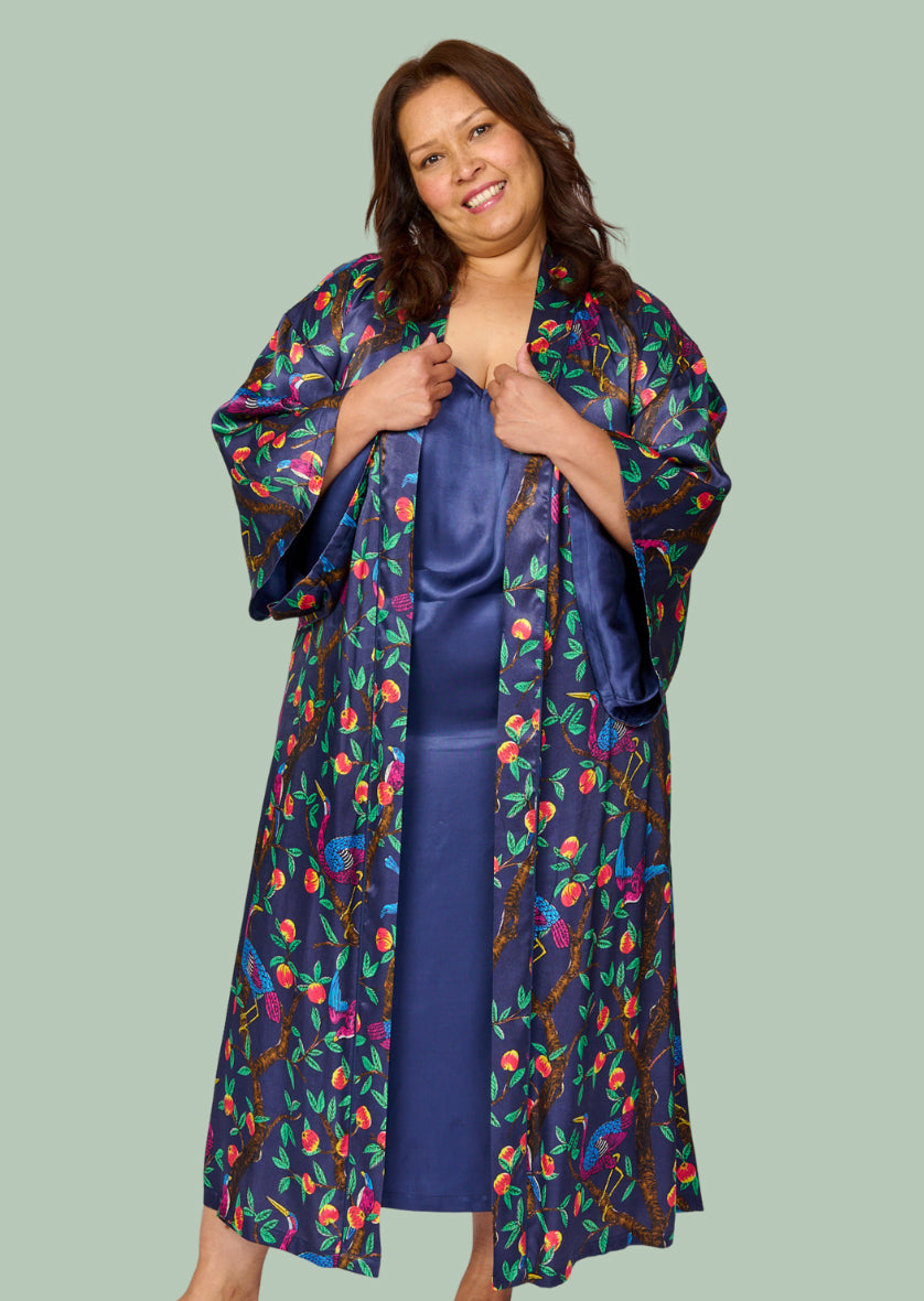 Brightly colour tropical bird and foliage print - silky feel kimono robe - front view - shown with cobalt chemise nightie